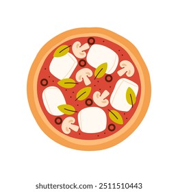 Whole round pizza, top view of traditional Italian pizzeria snack vector illustration