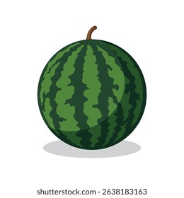 A whole, round watermelon with dark green stripes and a small stem.