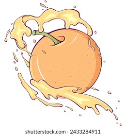 Whole round yellow apple with juice splash. Liquid drops. Vector illustration in hand drawn cartoon style. Close up fruit ingredient for fresh juice isolated on white