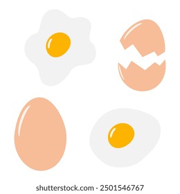 Whole row, eggshell and fried eggs with yolk Set of 4 Isolated. Culinary menu card, promo elements 