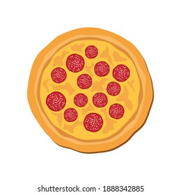 Whole salami pizza top view icon vector. Pepperoni pizza icon isolated on a white background. Delicious salami pizza icon vector