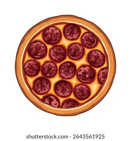 Whole salami pizza top view vector illustration. Pepperoni pizza above view icon isolated on a white background. Pizza with salami and cheese drawing