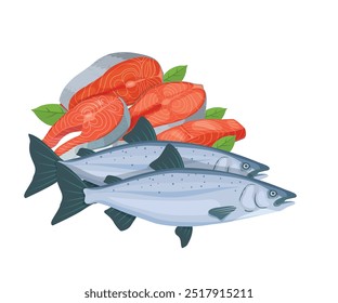 Salmão inteiro e fatias de salmão. Definir ilustração de vetor de salmão ilustração de estoque. design plano ilustração vetor