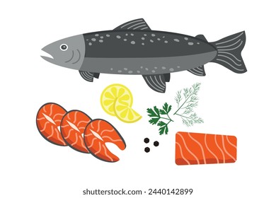 Whole salmon or trout fish, raw steaks and fillets, red fish pieces, cartoon style with lemon and spices. Modern vector food illustration on white background, hand drawn, flat design.