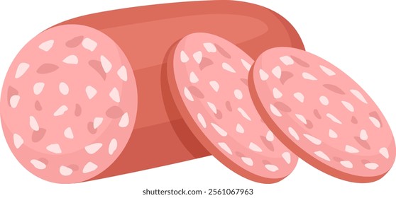 Whole sausage featuring slices that reveal intricate meat texture, ideal for highlighting food products or illustrating various culinary concepts and dishes