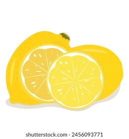 Whole and sectioned citrus fruit lemons with shadow on white background