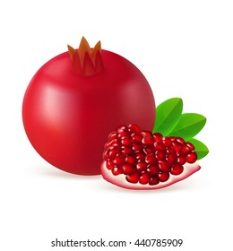 Whole and segment pomegranate fruit with leaves isolated on white background. Realistic vector illustration.