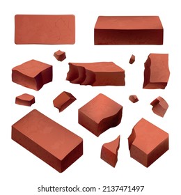 Whole and shards red brick pieces realistic set isolated on white background vector illustration