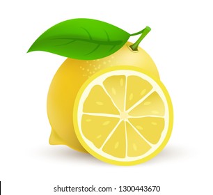 Whole single Lemon fruit, realistic vector icon illustration isolated on white background.