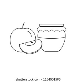 Whole and slice apples and honey jar icon in black flat outline design. Rosh hashana holiday sweet and happy concept.