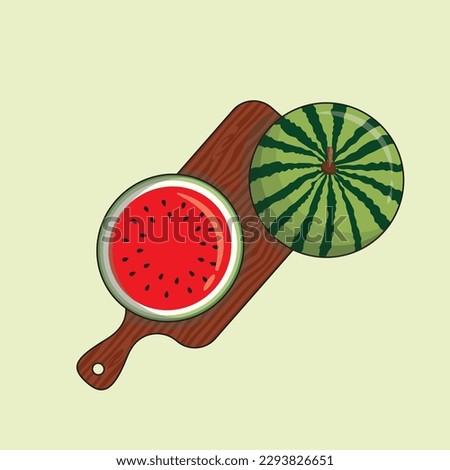 Whole and slice fresh watermelon on a cutting board  illustration vector graphic. Juicey summer fuit isolated vector.