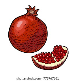 Whole and slice garnet with seed. Vector color vintage engraving illustration for menu, poster. Isolated on white background