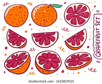 Whole and slice Grapefruit collection set in cartoon style. Vector illustration. Isolated on white background. Design for banner, poster and web.