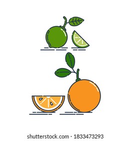 Whole and slice in half orange or tangerine and lime fruit isolated on white background. Organic product. Bright summer harvest illustration. Flat style illustration for any design. Cut citrus icon.