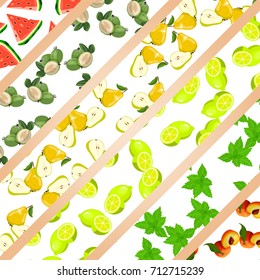  whole and slice lemon or lime, mint, mojito, pear, watermelon, feijoa and peach fruit symbol for jam and juice product label or grocery store, shop and farm market design. jam, sauce or juice label