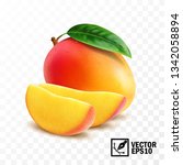 Whole and slice mango fruit with leaf, 3D realistic isolated vector, editable handmade mesh