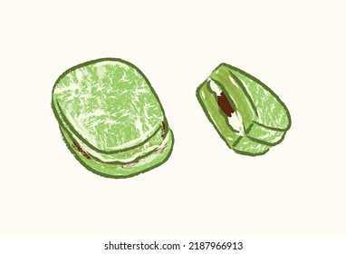 Whole And Slice Matcha Cookie With Red Bean And Cream In Flat Vector Illustration