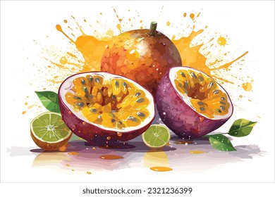 Whole and slice passion fruit with splash of juice. passion fruit juice cartoon. food fresh, tropical organic, splash passion, exotic ripe, diet cut, slice, half, juicy passion fruit juice vector.