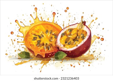 Whole and slice passion fruit with splash of juice. passion fruit juice cartoon. food fresh, tropical organic, splash passion, exotic ripe, diet cut, slice, half, juicy passion fruit juice vector.