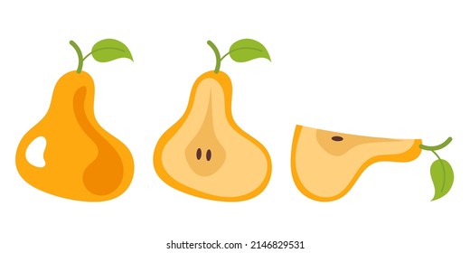 Whole and slice pear simple set design element. Vector flat cartoon design element illustration
