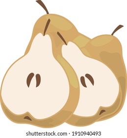 Peras enteras y rebanadas. Ilustración plana de color vectorial para el menú, afiche. Aislado sobre fondo blanco. 