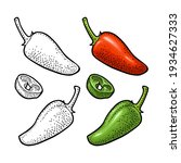 Whole and slice pepper jalapeno. Vector color vintage and monochrome engraving illustration for menu, poster, label. Isolated on white background. Hand drawn design element