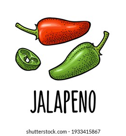 Whole and slice pepper jalapeno. Vector black vintage engraving illustration for menu, poster, label. Isolated on white background. Hand drawn design element