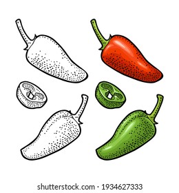 Whole and slice pepper jalapeno. Vector color vintage and monochrome engraving illustration for menu, poster, label. Isolated on white background. Hand drawn design element