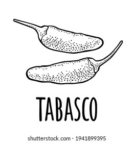 Whole and slice pepper tabasco. Vector black vintage engraving illustration for menu, poster, label. Isolated on white background. Hand drawn design element