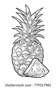 Whole and slice pineapple. Vector black vintage engraving illustration for menu, poster. Isolated on white background