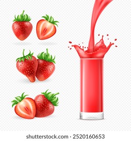 Whole and slice realistic strawberry set, glass of strawberry juice with steam and splash isolated on transparent background. Fresh berries 3D collection.