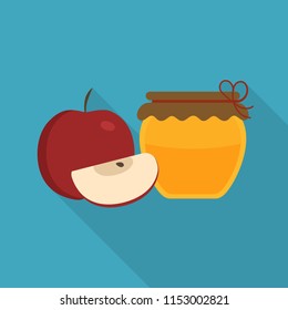 Whole and slice red apples and honey jar icon in flat long shadow design. Rosh hashana holiday sweet and happy concept.