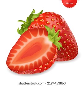 Whole and slice of strawberry realistic 3d vector illustration isolated on white background
