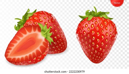 Whole and slice of strawberry realistic 3d vector illustration isolated on transparent background