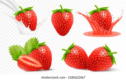 Whole and slice of strawberry, strawberry in a splash of juice with drops, strawberry in a splash of milk or yogurt, 3d realistic vector set, isolated on transparent background