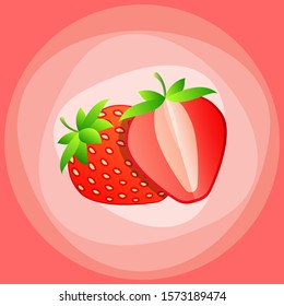 Whole and slice strawberry. Vector color flat illustration for menu, poster. Isolated on white background