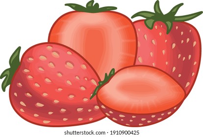 Whole and slice strawberry. Vector color flat illustration for menu, poster. Isolated on white background. 