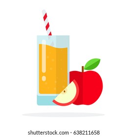 Whole and sliced apple with a glass of apple juice vector flat material design isolated on white