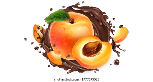 Whole and sliced apricots in a chocolate splash.