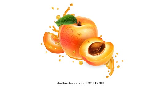 Whole and sliced apricots in fruit juice splashes.