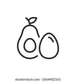 Aguacate entero y en rodajas, icono lineal. Grasa saludable o superalimento. Línea con trazo editable.