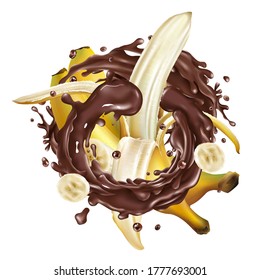 Whole and sliced bananas in a chocolate splash.