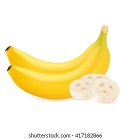 Whole and sliced bananas isolated on white background. Realistic vector illustration.
