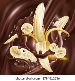 Whole and sliced bananas in liquid chocolate.