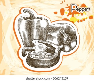 whole and sliced bell pepper. sketch made by hand