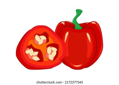 Whole and sliced bulgarian bell paprika isolated on white background. Cartoon red hungarian paprika icon.Sweet capsicum for food ingredient and spice.Organic vegetable.Farm product.Vector illustration