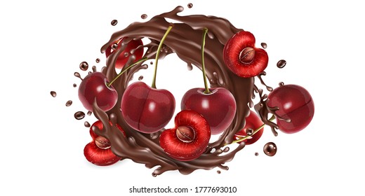 Whole and sliced cherries in a chocolate splash.