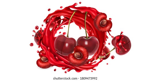 Whole and sliced cherries in a juice splash circle.