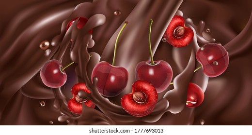 Whole and sliced cherries in liquid chocolate.