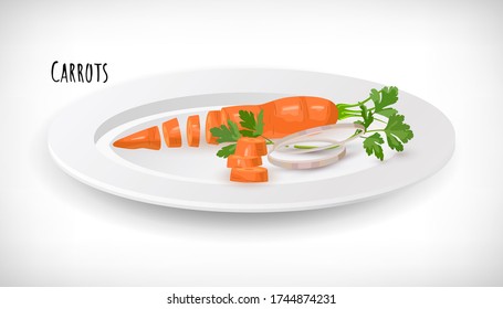 Whole sliced, chopped carrots with green leaves, onion rings, parsley leaf on white plate in flat style. Vegetable organic eco bio farm product. Lettering Carrots. Carrot vegetable hand drawn image.